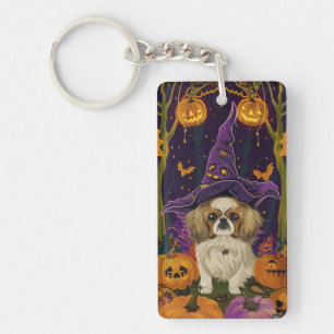 Gruseliger Pekingese-Hund Halloween-Hexe und Kürbi Schlüsselanhänger