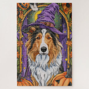 Gruseliger Rough Collie Hund Halloween Hexe Kürbis