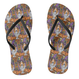 Gruseliger Rough Collie Hund Halloween Hexe Kürbis Flip Flops