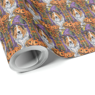 Gruseliger Rough Collie Hund Halloween Hexe Kürbis Geschenkpapier