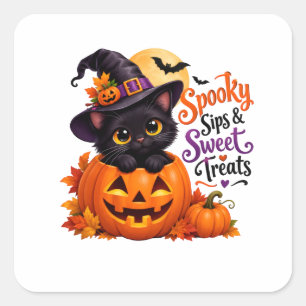 Gruseliger schwarzer Kater & Kürbis Halloween-Aufk Quadratischer Aufkleber