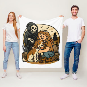 Gruseliger Sensenmann mit Mädchen und Hund-Skelett Fleecedecke
