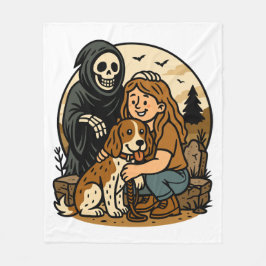 Gruseliger Sensenmann mit Mädchen und Hund-Skelett Fleecedecke
