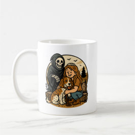 Gruseliger Sensenmann mit Mädchen und Hund-Skelett Kaffeetasse