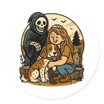 Gruseliger Sensenmann mit Mädchen und Hund-Skelett