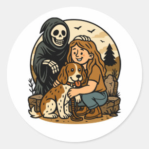 Gruseliger Sensenmann mit Mädchen und Hund-Skelett Runder Aufkleber