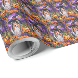 Gruseliger Shetland Sheepdog Halloween Hexen-Kürbi Geschenkpapier
