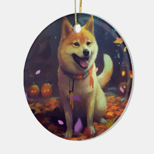 Gruseliger Shiba Inu mit Kürbissen Halloween Keramik Ornament