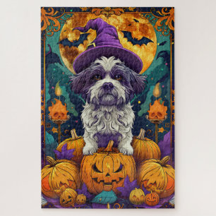 Gruseliger Shih Tzu Hund Halloween Hexe und Kürbis