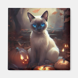 Gruseliger siamesischer Halloween-Katz mit Kürbiss Magnet