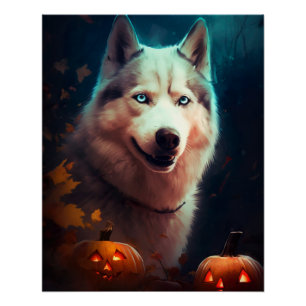 Gruseliger Siberian Husky mit Kürbissen Halloween  Poster