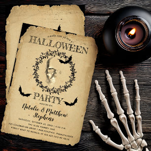 Gruseliger Skelett- und Fledermaus-Kranz Halloween Einladung
