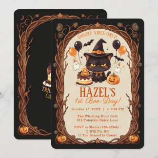 Gruseliger süßer schwarzer Halloween-Katze-Hexen-G Einladung