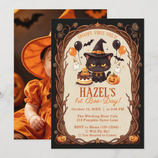 Gruseliger süßer schwarzer Halloween-Katze-Hexen-G Einladung