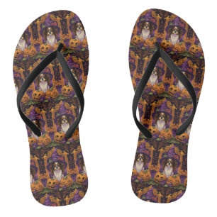 Gruseliger Tibet-Spaniel-Hund Halloween Hexe Kürbi Flip Flops