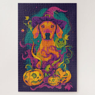 Gruseliger Vizsla-Hund Halloween-Hexe und Kürbis