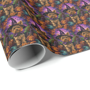 Gruseliger Yorkipoo-Hund Halloween-Hexe und Kürbis Geschenkpapier