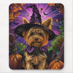 Gruseliger Yorkipoo-Hund Halloween-Hexe und Kürbis Mousepad