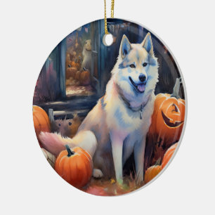 Gruseliges Alaskan Malamute mit Kürbissen Hallowee Keramik Ornament