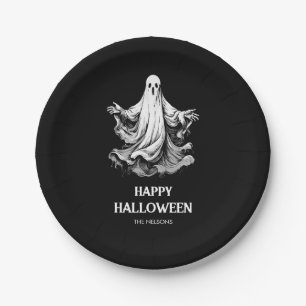 Gruseliges frohes Halloween mit schwarzem und weiß Pappteller