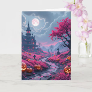 Gruseliges Fuchsia-Halloween-Herrenhaus Karte
