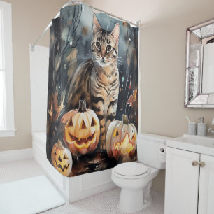 Gruseliges Halloween Bengal Katze Mit Kürbissen Duschvorhang