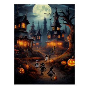 Gruseliges Halloween-Dorf mit Süßigkeiten oder Sau Poster