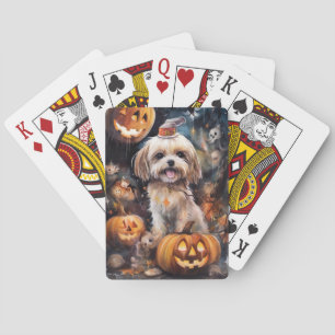 Gruseliges Halloween Lhasa Apso mit Kürbissen Spielkarten