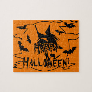 Gruseliges Halloween-Rätsel mit schwarzer Hexe und
