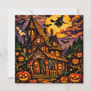 Gruseliges Halloween Spukhaus mit Hexe  Feiertagskarte