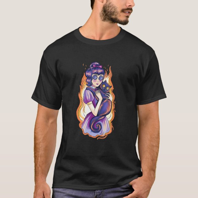 Gruseliges Mädchen mit Katze T-Shirt (Vorderseite)