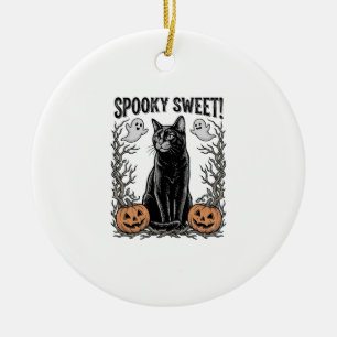 Gruseliges schwarzes Katze Vintage-Halloween-Gravu Keramik Ornament
