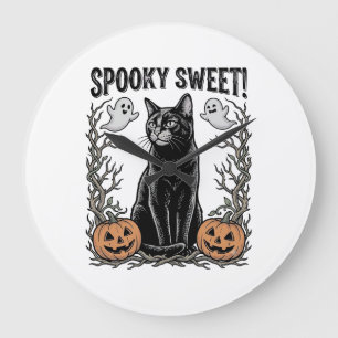 Gruseliges schwarzes Katze Vintage-Halloween-Stick Große Wanduhr