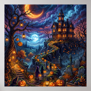 Gruseliges Spukhaus Halloween Nacht Kürbispfad  Poster