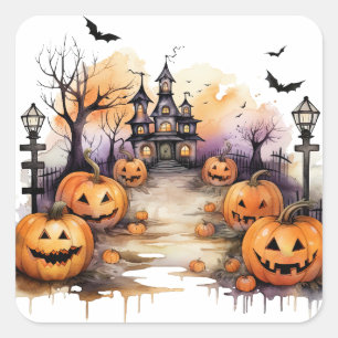 Gruseliges Spukhaus Kürbisse Halloween  Quadratischer Aufkleber