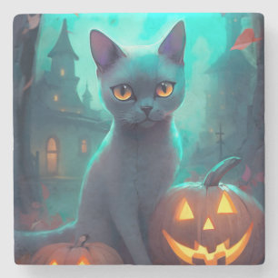 Gruselkatze Russische Blaue Katze mit Kürbissen Ha Steinuntersetzer
