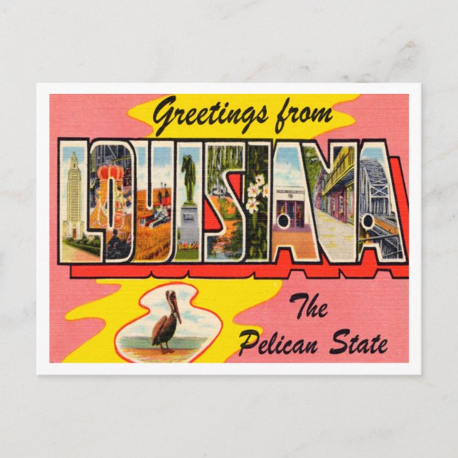 Gruß aus Louisiana, The Pelican Staat Travel Postkarte (Vorderseite)