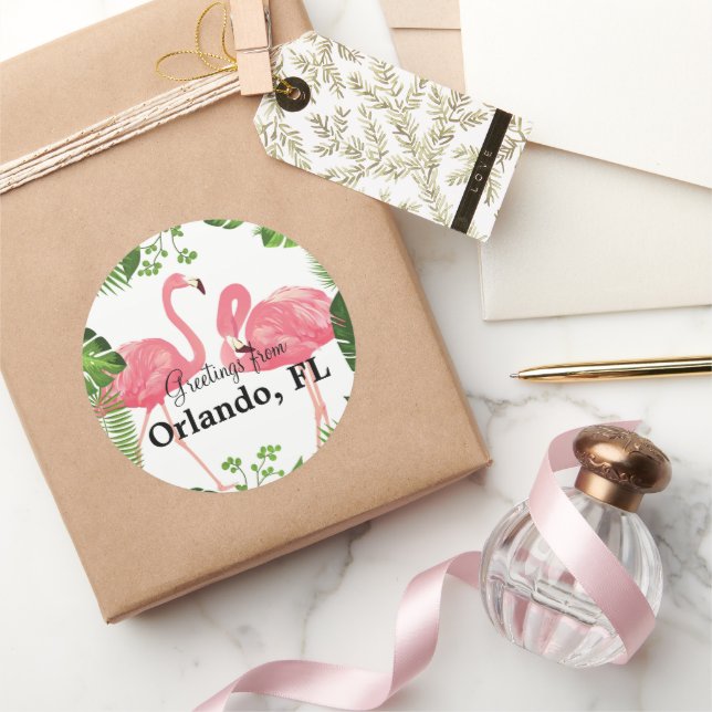 Gruß aus Orlando, FL—rosa Flamingos Runder Aufkleber (Schenken)