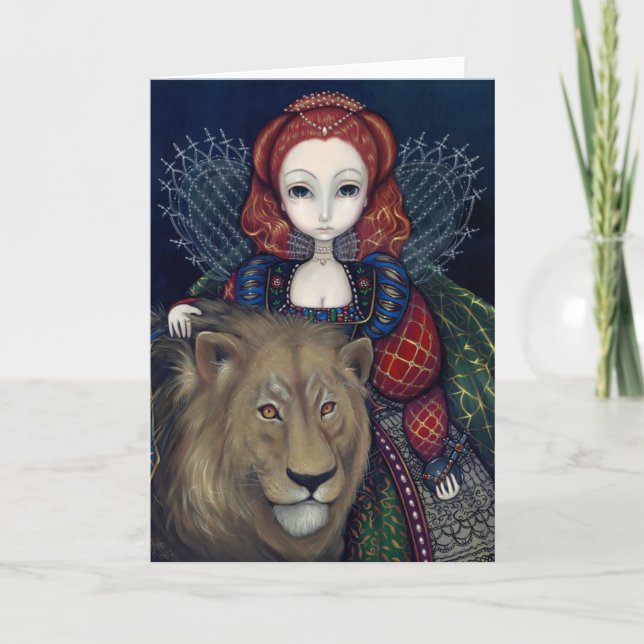 Gruß-Karte "der Königin-Elizabeth und eines Löwes" Karte (Vorderseite)