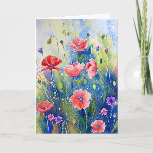 Gruß-Karte Mohnblumen des Aquarells rote Karte (Vorderseite)