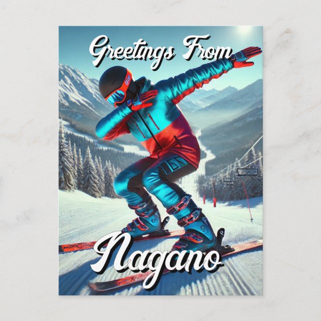 Gruß von Nagano Japan Dabbing Skier Postcard Postkarte (Vorderseite)