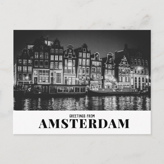 Grüße aus Amsterdam Schwarz & Weiß Nacht Postkarte (Vorderseite)