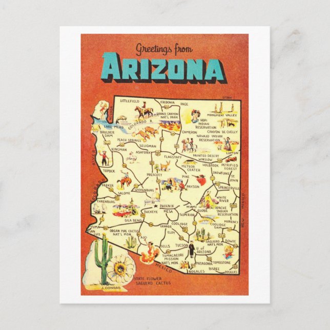 Grüße aus Arizona Vintag Map Postkarte (Vorderseite)
