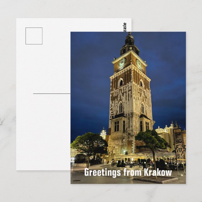 Grüße aus Krakau Tower Night Polen Postkarte (Vorne/Hinten)