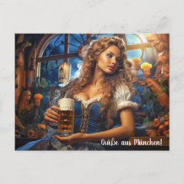 Grüße aus München! Frau im Dirnd mit Bier Postkarte