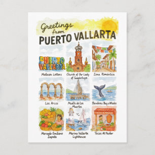 Grüße aus Puerto Vallarta   Aquarell Reise Postkarte