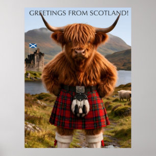 "Grüße aus Schottland" Highland-Cow-Design Poster