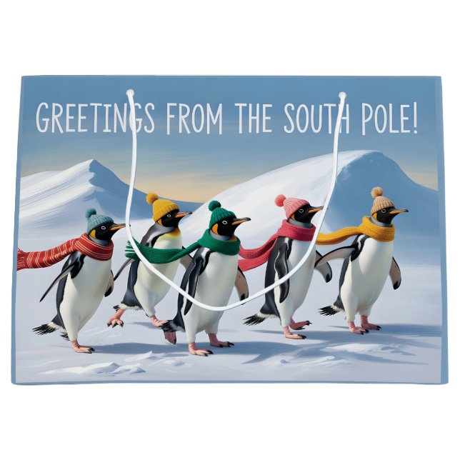 "Grüße vom Südpol" Pinguin-Design Große Geschenktüte (Vorderseite)
