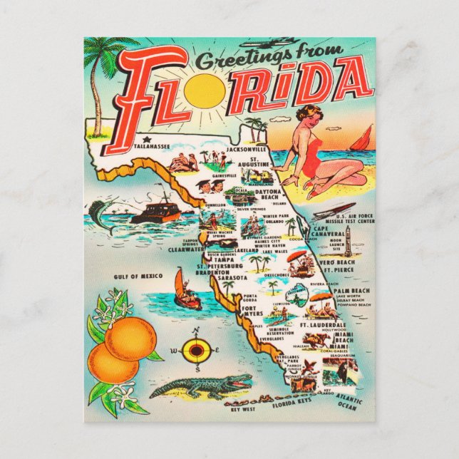 Grüße von Florida Map Vintage Reise Postkarte (Vorderseite)