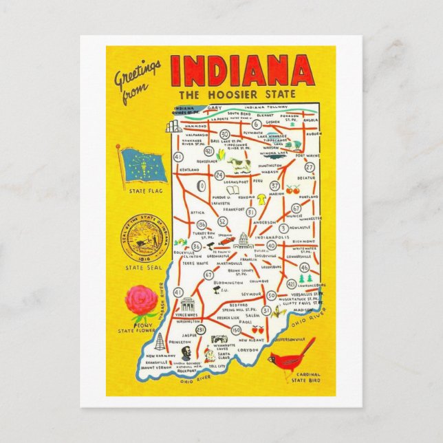 Grüße von Indiana Vintag Map Postcard Postkarte (Vorderseite)